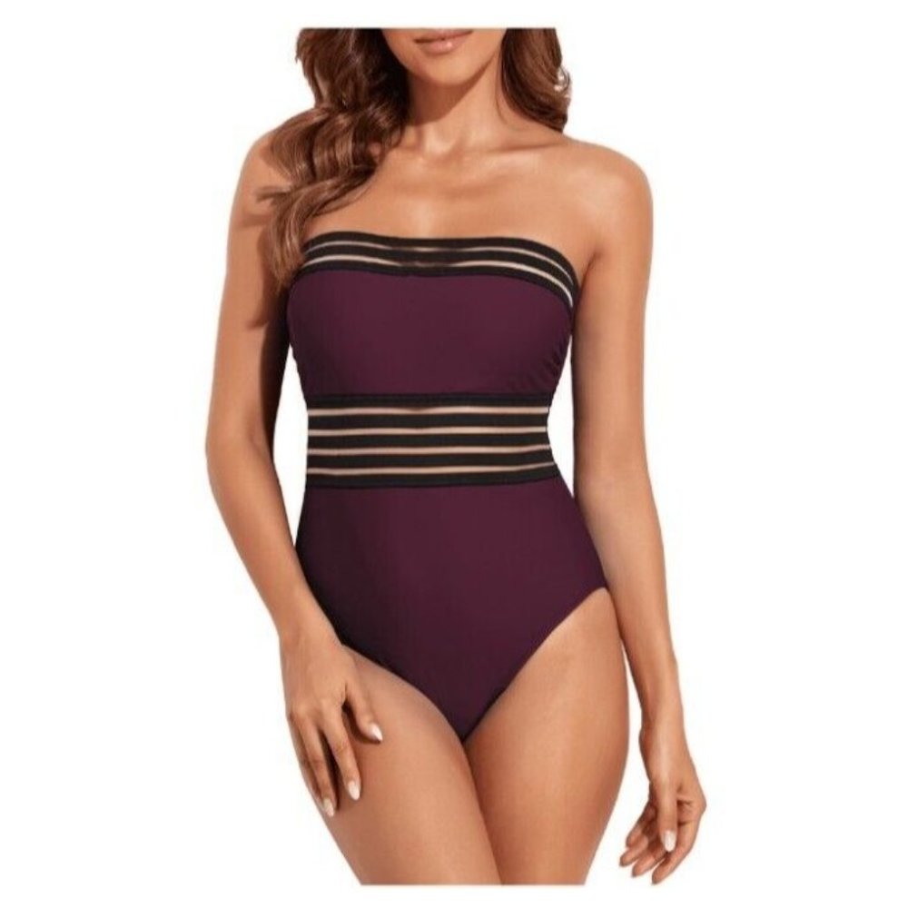 Nwt Women's Hilor Maroon/Black Slimming One piece Swim Suit Size 16